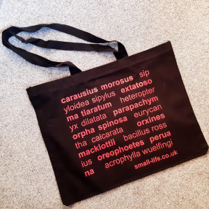 The black tote bag with stick insect names in red