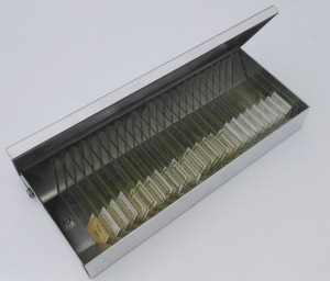 Aluminium microscope slide box open Aluminium microscope slide box open